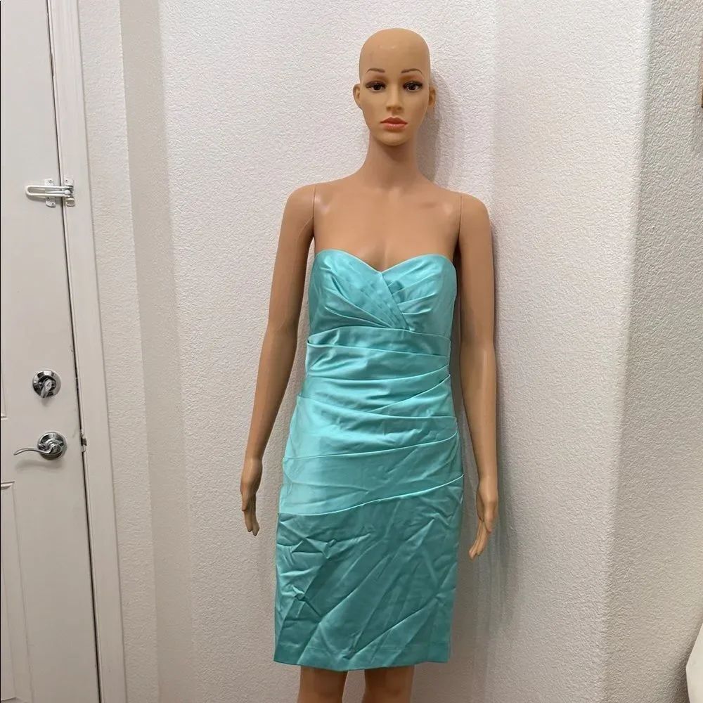 David's Bridal Strapless Dress Sz 4 Slimming Sweetheart Neck Turquoise Aqua Blue